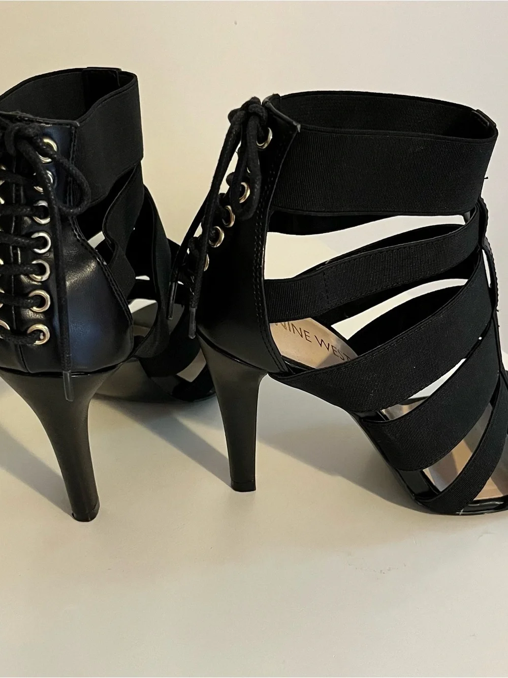 Nine West Black Strappy 3.5” Stiletto Heels Sexy Faux Lace Up Back  Sz 6.5